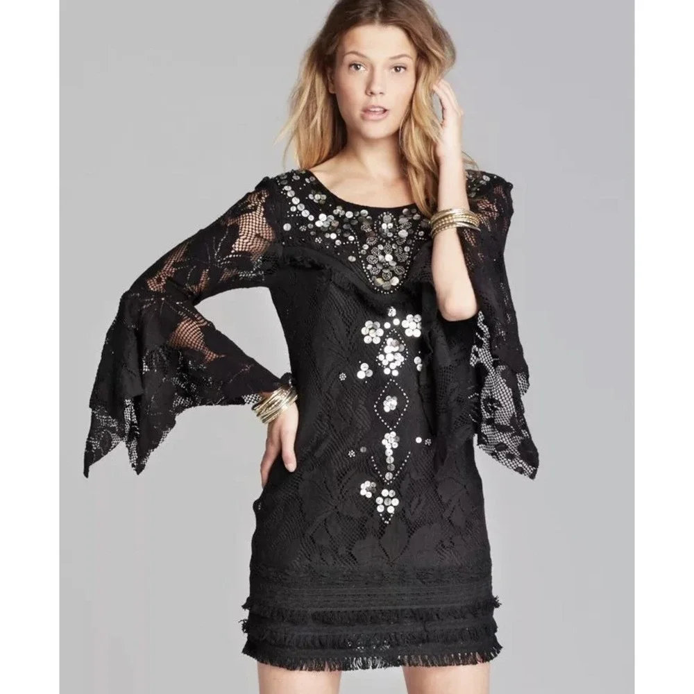 $250 NWT Free People Black DRESS Sz 8 Shell Game Beaded Cotton Shift Bell sleeve
